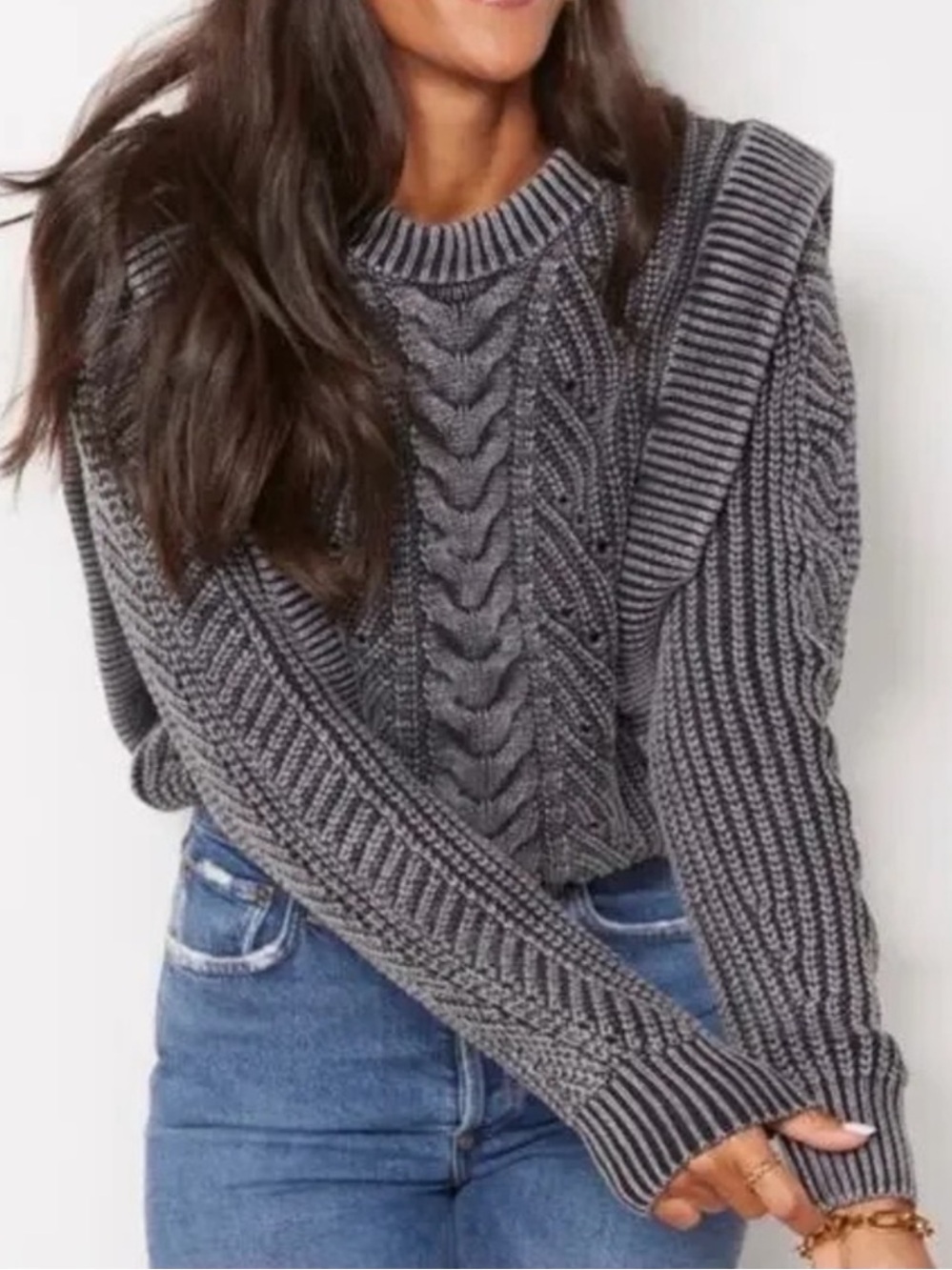 Evereve Kierra Gray Cable Knit Crewneck Sweater Like New Size XS